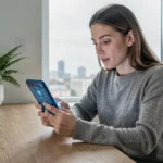 Femme utilisant un smartphone pliable dans un bureau à domicile moderne, illustration des innovations technologiques 2024