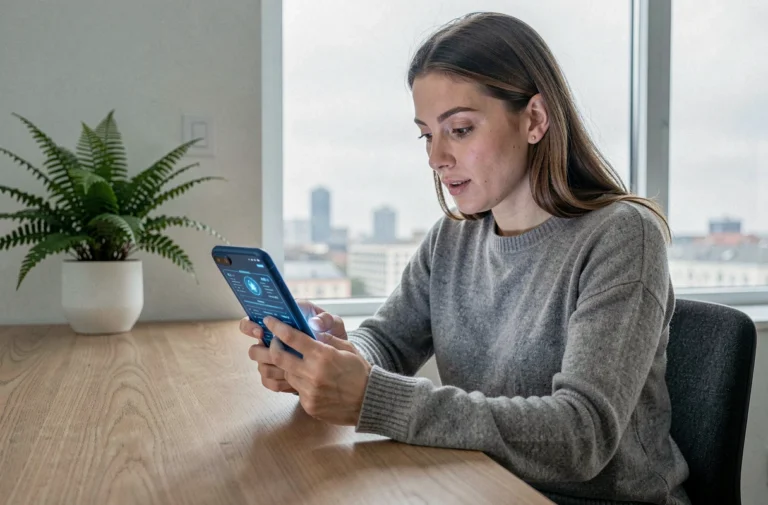 Femme utilisant un smartphone pliable dans un bureau à domicile moderne, illustration des innovations technologiques 2024