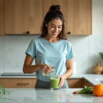 Femme versant un smoothie vert dans un verre en cuisine moderne