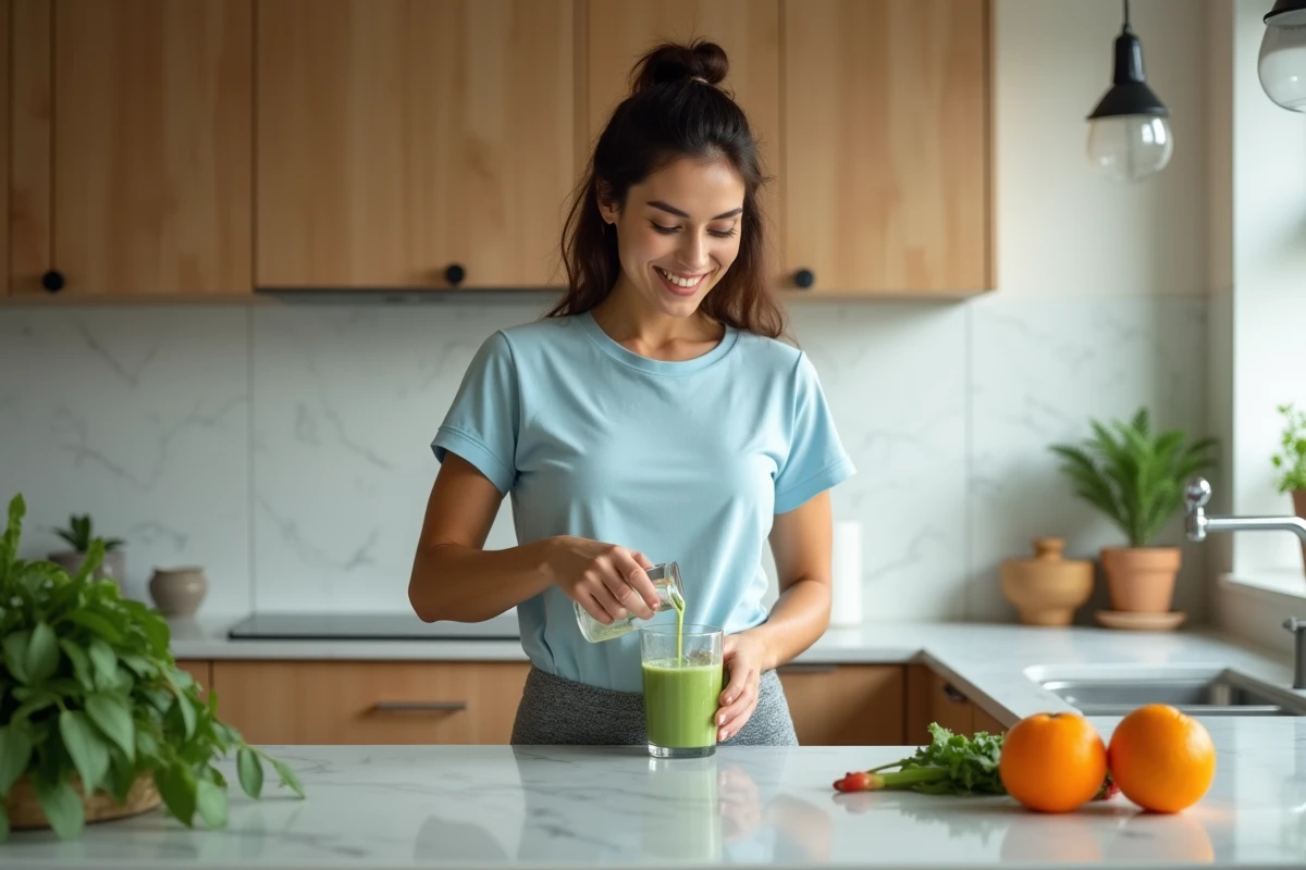 Femme versant un smoothie vert dans un verre en cuisine moderne