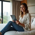 Jeune femme souriante dans une chambre d'hôtel moderne