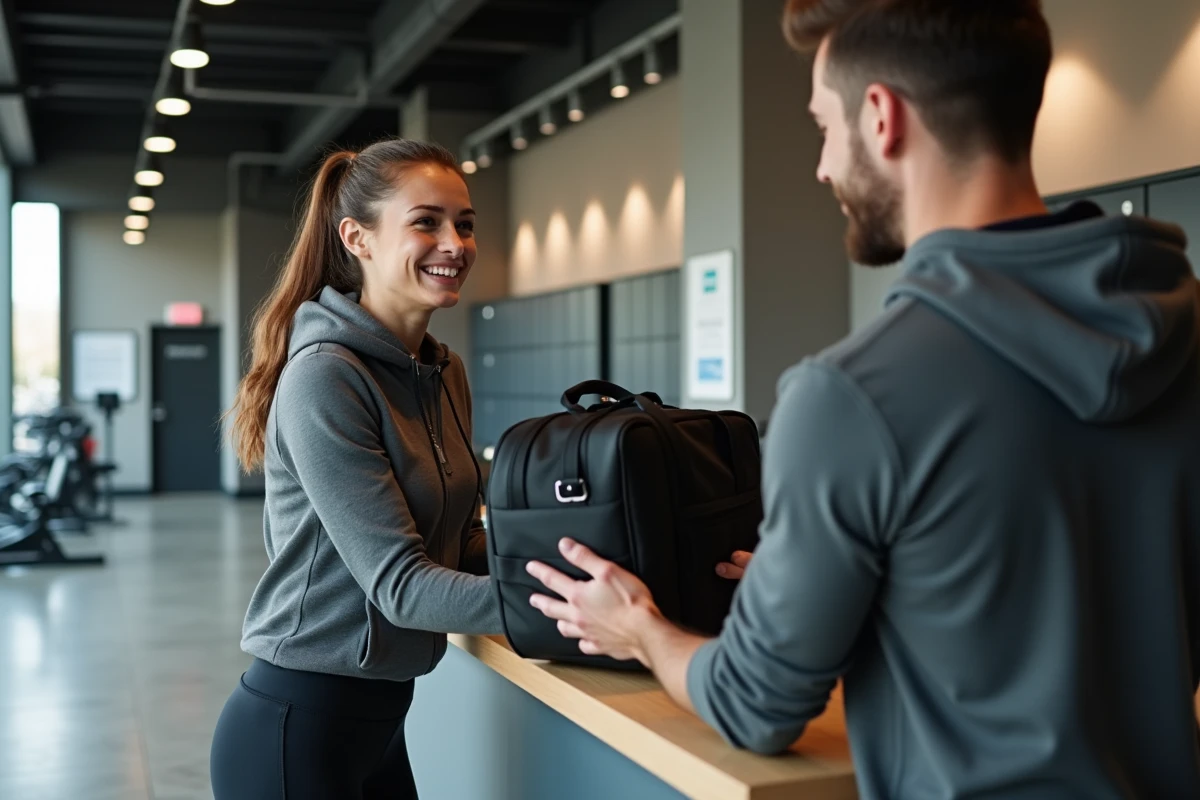 Jeune femme souriante recevant un sac de sport au gym