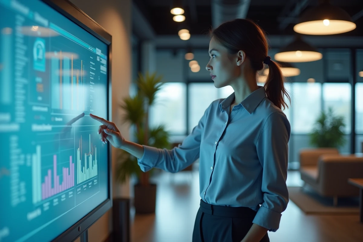 Jeune femme interagissant avec un tableau de bord numérique dans un espace de travail hightech