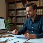Fonctionnaire civil examinant des documents administratifs relatifs à l'indemnité de sujétion spéciale dans un bureau institutionnel