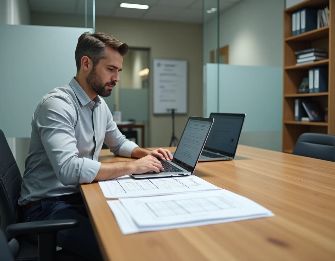 Gestionnaire de contenu médical révisant un plan de sitemap imprimé dans un bureau de clinique