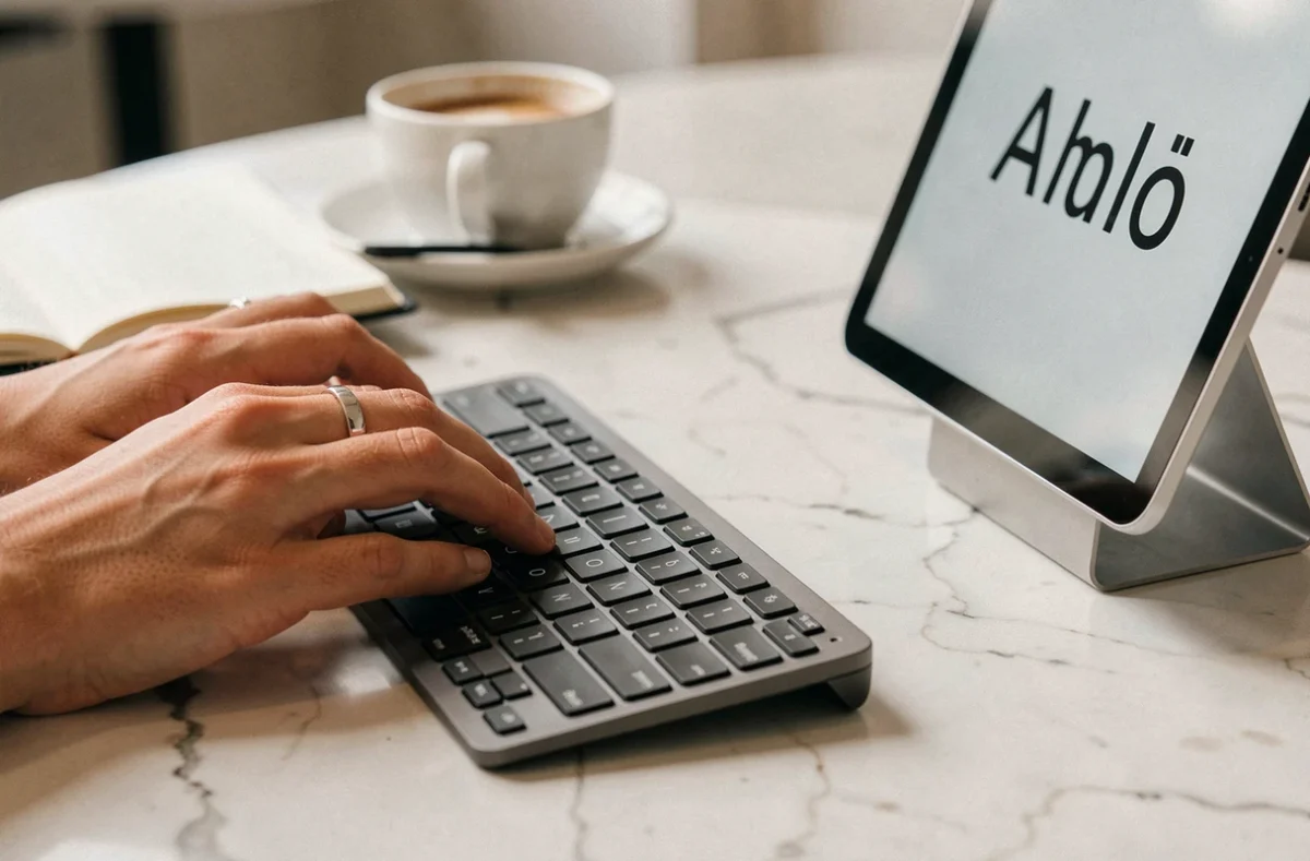 Gros plan de mains appuyant sur des touches de clavier pour saisir une barre verticale avec tablette affichant le symbole