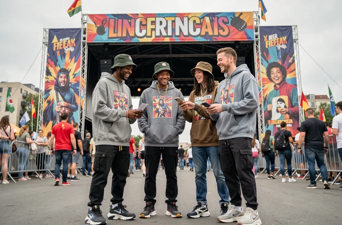 Groupe d'amis en tenues streetwear tendance devant l'entrée d'un festival de musique urbain