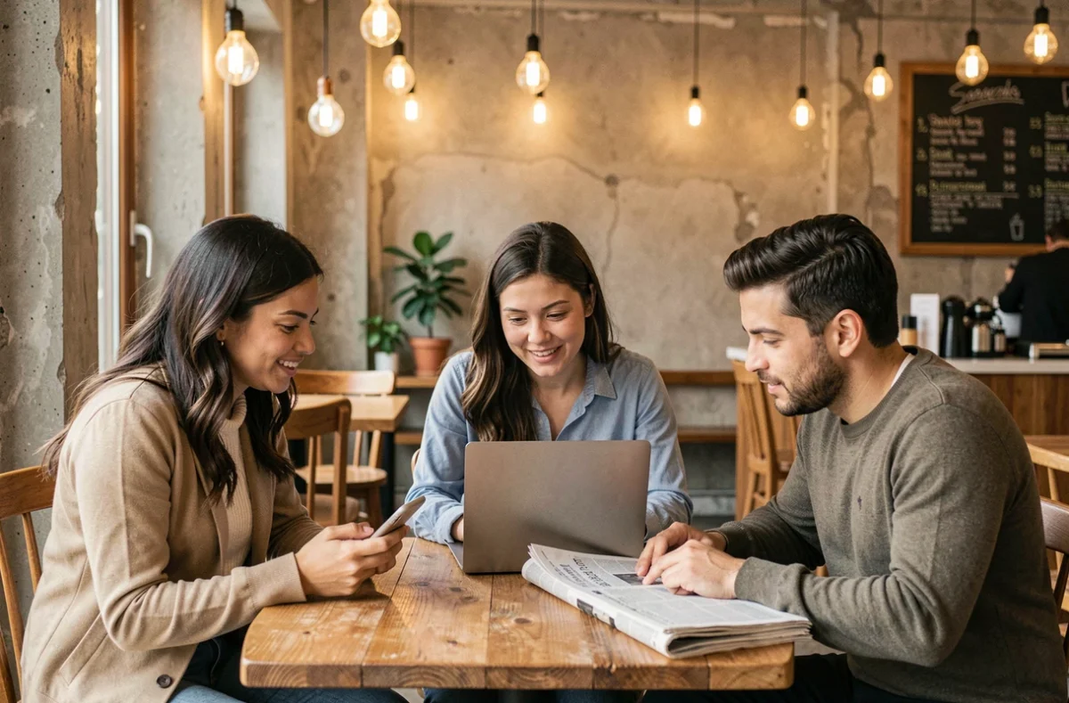 Groupe de personnes discutant de l'actualité autour de différentes sources d'information dans un café