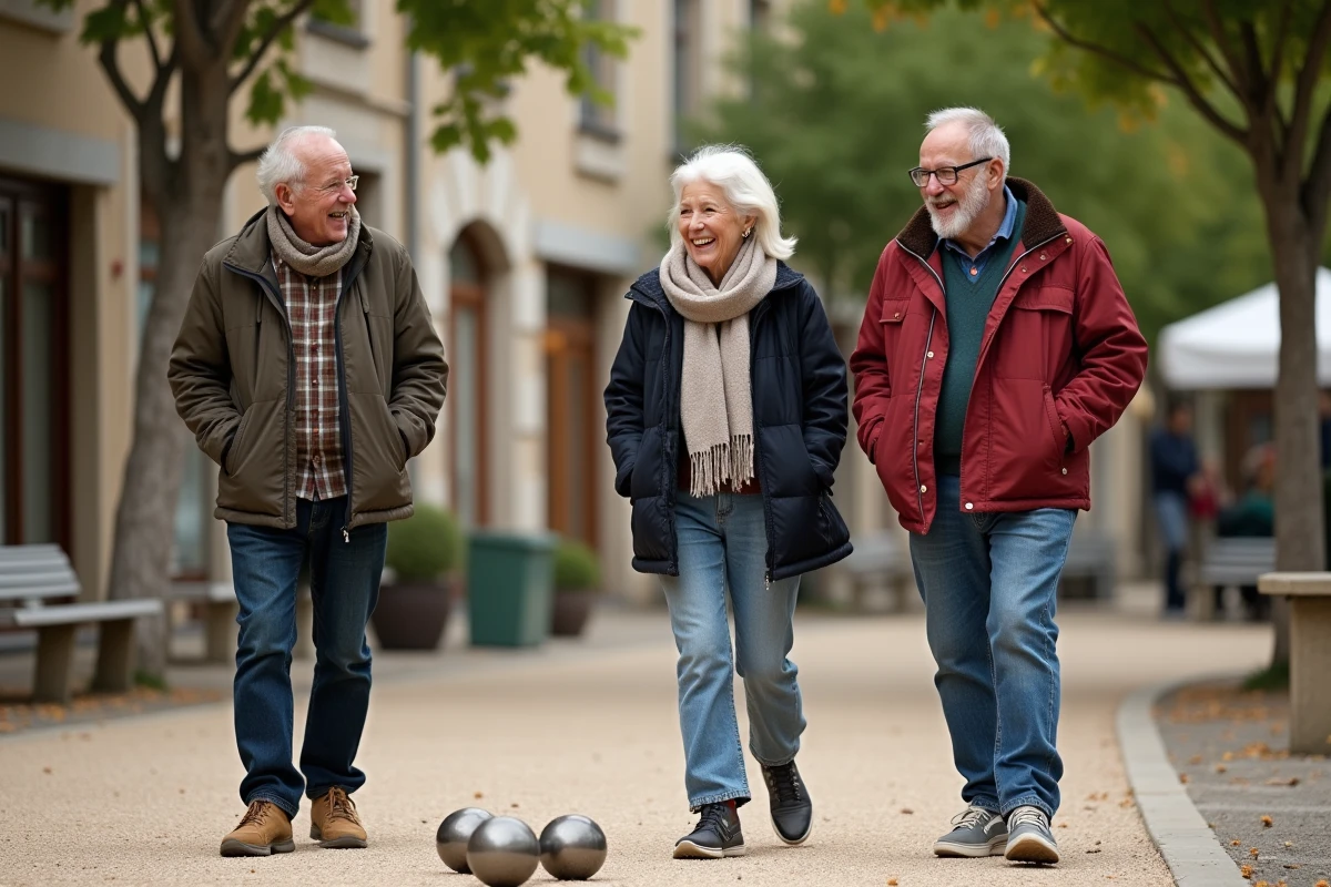 Groupe de seniors jouant à la pétanque en village