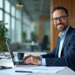 Homme d'affaires en costume bleu travaillant sur un laptop dans un bureau moderne