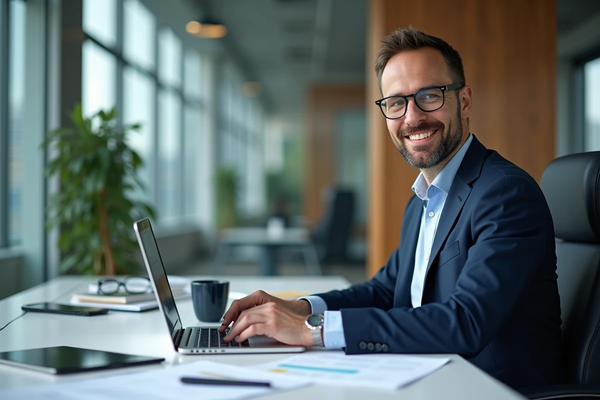 Homme d'affaires en costume bleu travaillant sur un laptop dans un bureau moderne