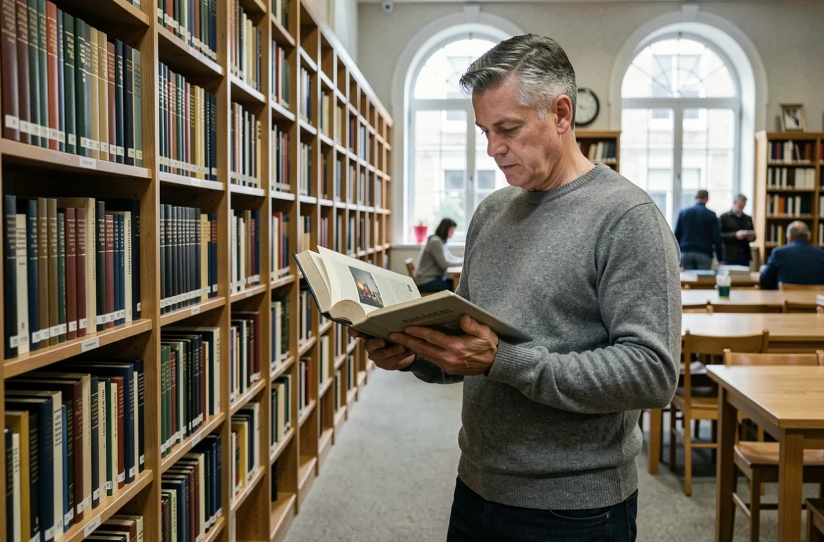 Homme comparant sources imprimées et numériques dans une bibliothèque publique pour vérifier les faits