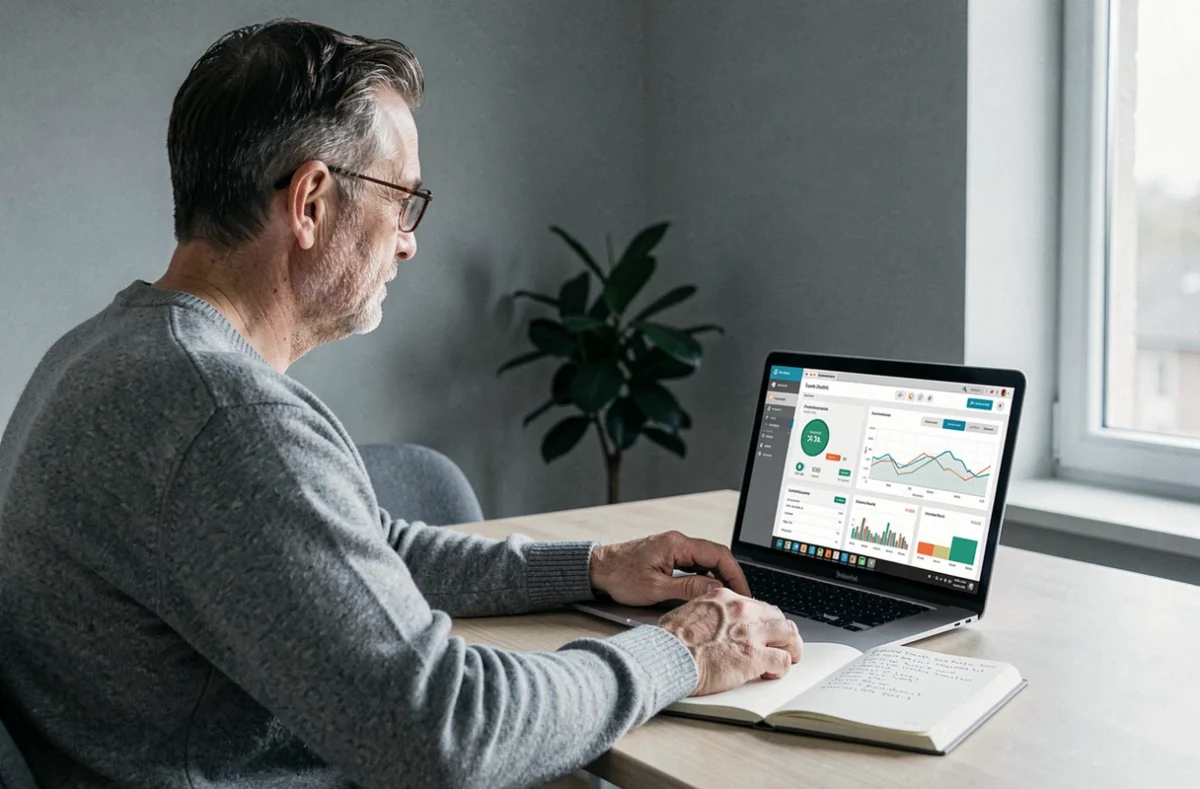 Homme consultant un tableau de bord financier et de crédit sur ordinateur portable dans un bureau à domicile