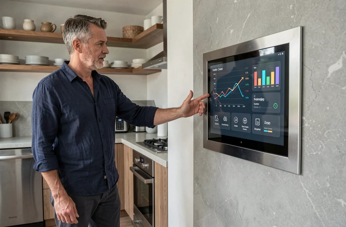 Homme interagissant avec un panneau domotique dans une cuisine connectée, tendances technologiques maison intelligente 2024