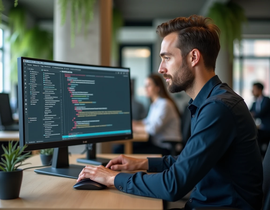 Homme insérant un espace invisible dans un document texte sur un grand écran de bureau en open space