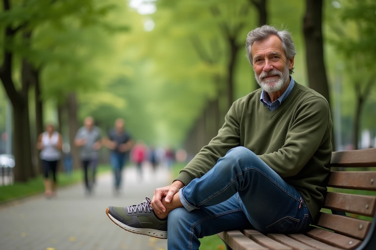 Homme assis sur un banc de parc en train de lacer ses chaussures