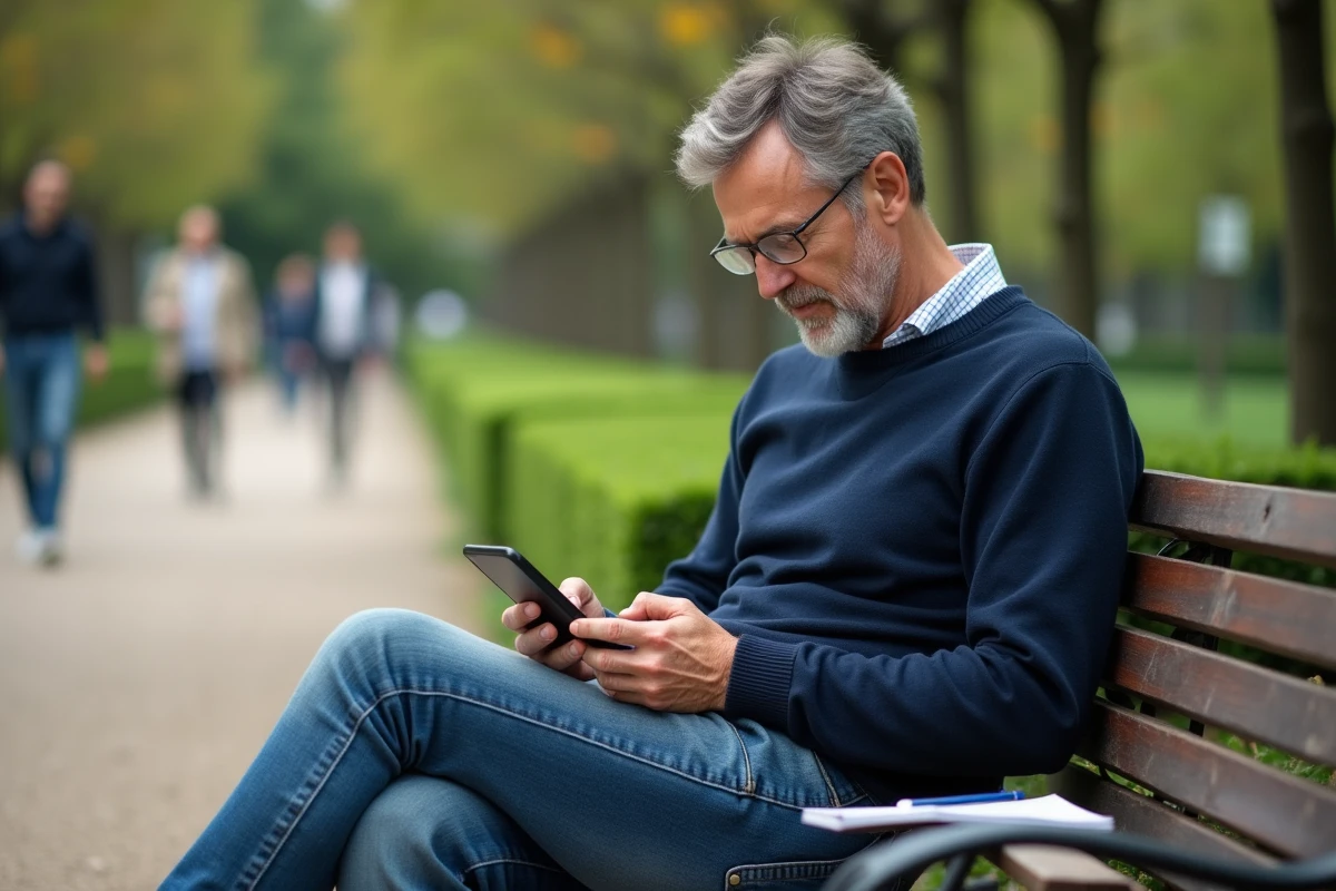 Homme lisant son smartphone sur un banc de parc