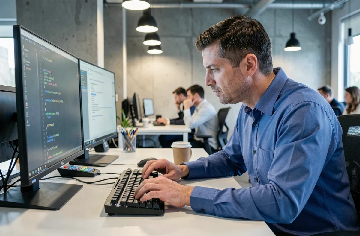 Homme utilisant un raccourci clavier pour écrire une barre verticale sur un poste de travail en open space