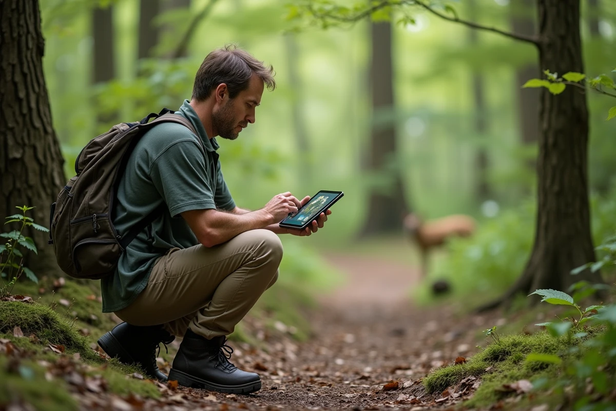 Homme en randonnée observant des vidéos d