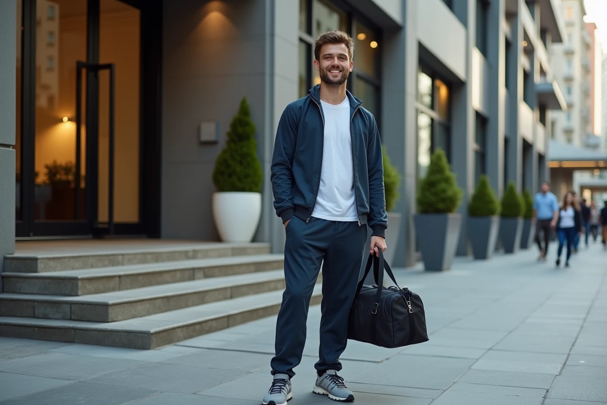 Homme détendu avec sac de sport devant la salle de sport
