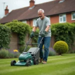 Homme utilisant une tondeuse électrique dans un jardin résidentiel bien entretenu