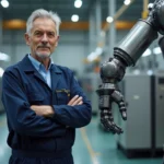 Ingénieur en overalls près d'un bras robotique industriel