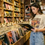 Jeune femme feuilletant des vinyles dans un magasin de disques indépendant, ambiance pop culture et musique tendance