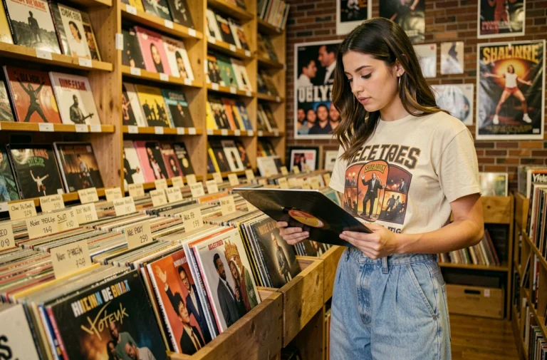 Jeune femme feuilletant des vinyles dans un magasin de disques indépendant, ambiance pop culture et musique tendance