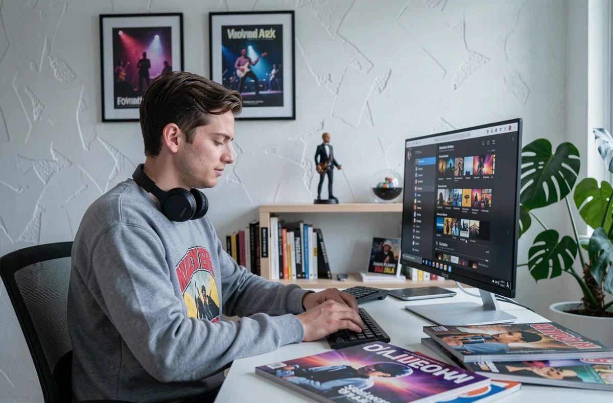 Jeune homme écoutant de la musique en streaming sur son bureau avec magazines pop culture et décoration tendance