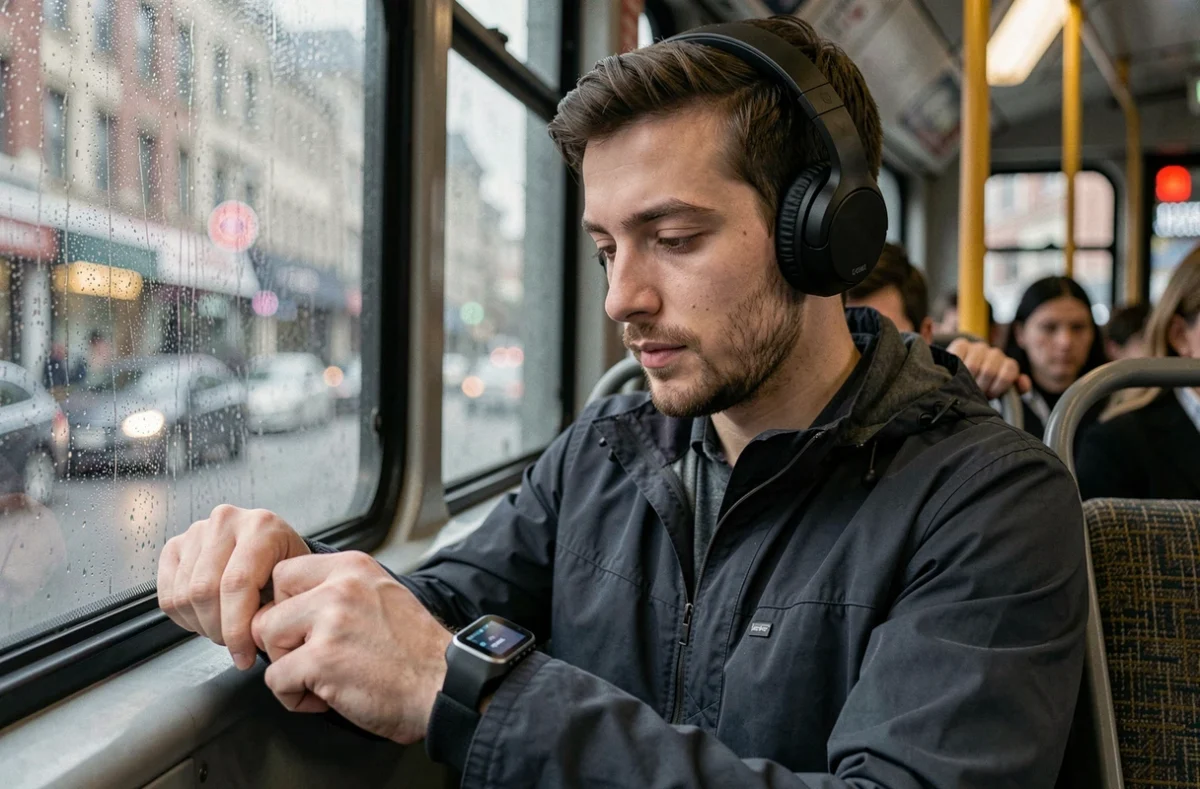 Jeune homme utilisant un appareil connecté portable dans les transports en commun, nouvelles technologies portables 2024