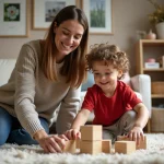 Maman et enfant jouant avec des blocs en bois dans le salon