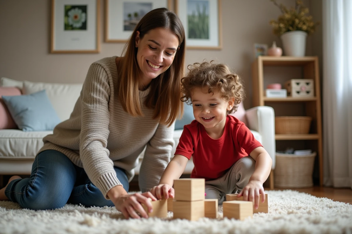 Maman et enfant jouant avec des blocs en bois dans le salon