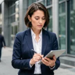 Journaliste femme consultant une tablette devant un bâtiment gouvernemental moderne en ville