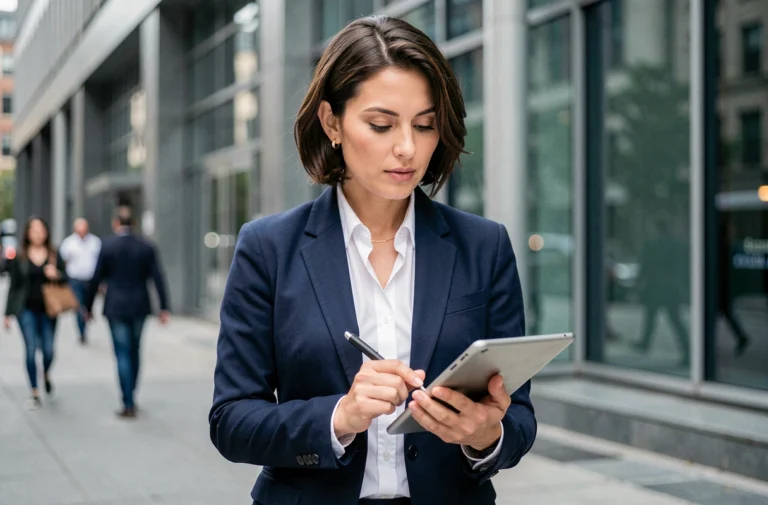 Journaliste femme consultant une tablette devant un bâtiment gouvernemental moderne en ville