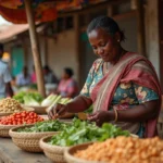 Femme malgache choisissant des légumes et des légumineuses sur un marché traditionnel d'Antananarivo, illustrant les habitudes alimentaires locales à Madagascar