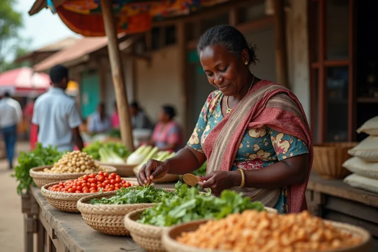 Femme malgache choisissant des légumes et des légumineuses sur un marché traditionnel d'Antananarivo, illustrant les habitudes alimentaires locales à Madagascar