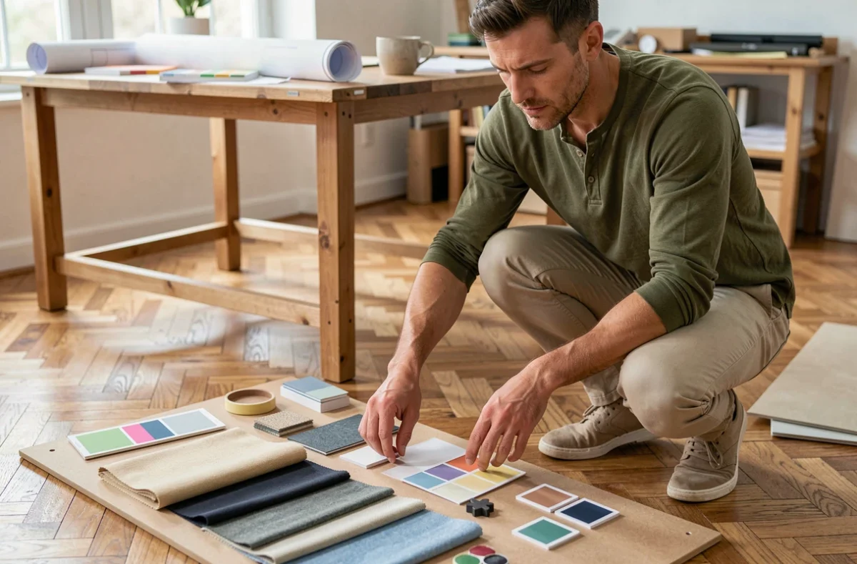 Homme aménagiste composant un moodboard de décoration intérieure avec des échantillons de tissus et des nuanciers de couleurs