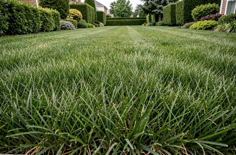 Pelouse en gazon C4 hybride dense et uniforme dans un jardin bien entretenu, vue grand angle