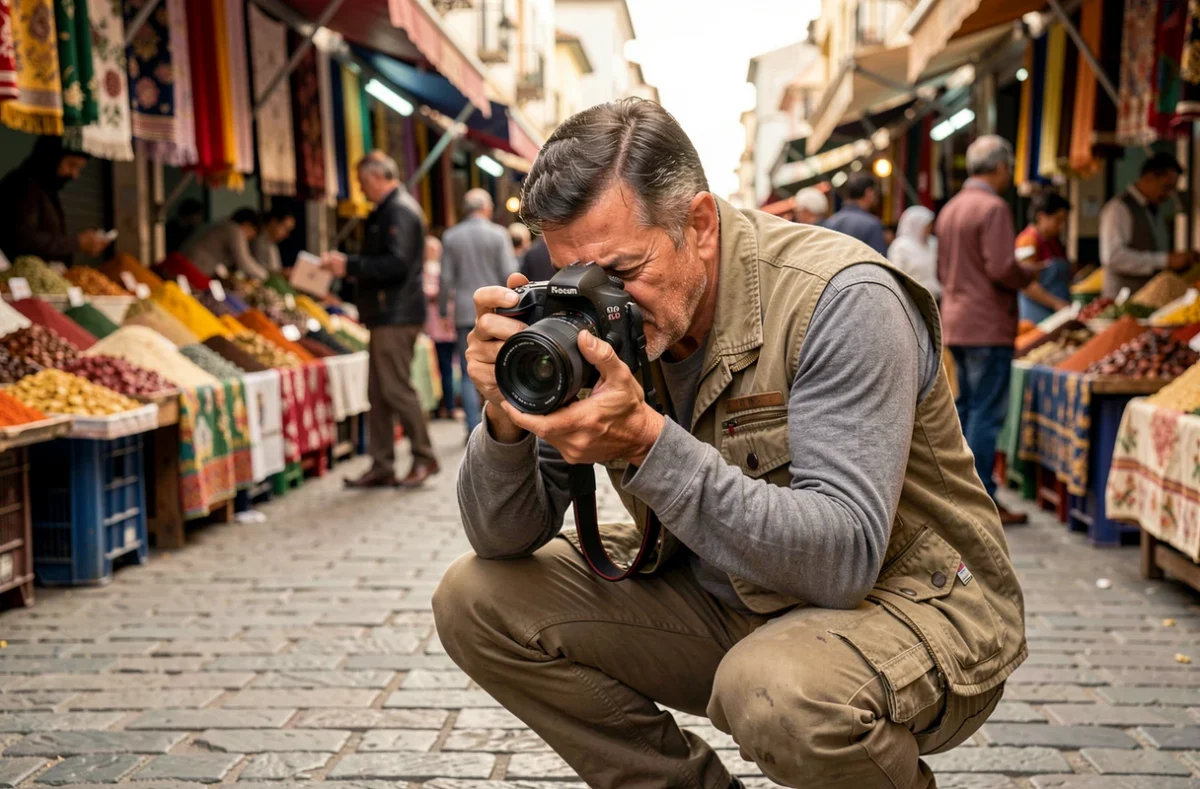 Photojournaliste en reportage sur un marché international animé avec foule et étals colorés
