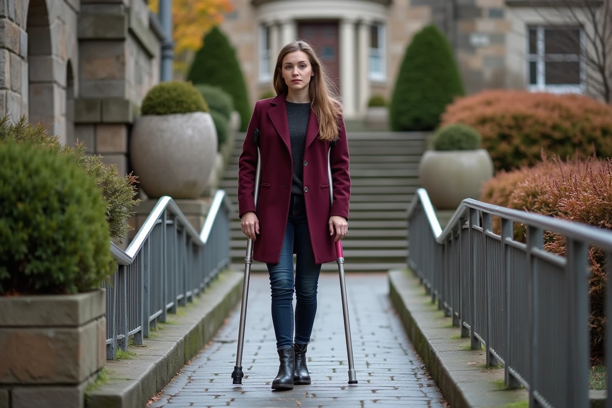 Femme utilisant des béquilles sur une rampe d'accès PMR extérieure avec main courante devant un bâtiment civic