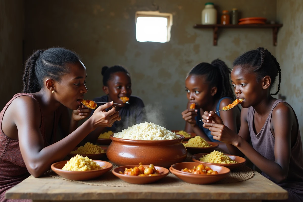 Famille malgache prenant un repas traditionnel à base de riz et de ragoût de légumes dans une maison rurale des Hautes Terres, symbole des habitudes alimentaires quotidiennes à Madagascar