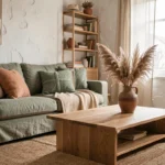 Salon scandinave aux tons terracotta, vert sauge et blanc cassé avec canapé en lin, table basse en chêne et vase céramique artisanal