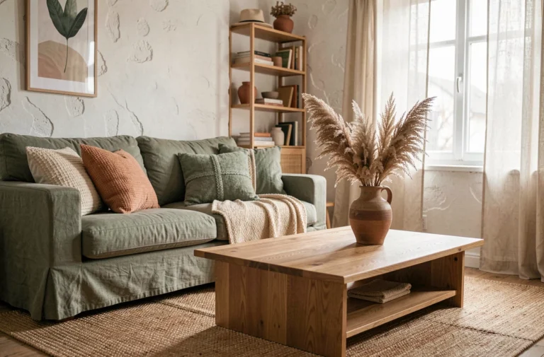 Salon scandinave aux tons terracotta, vert sauge et blanc cassé avec canapé en lin, table basse en chêne et vase céramique artisanal