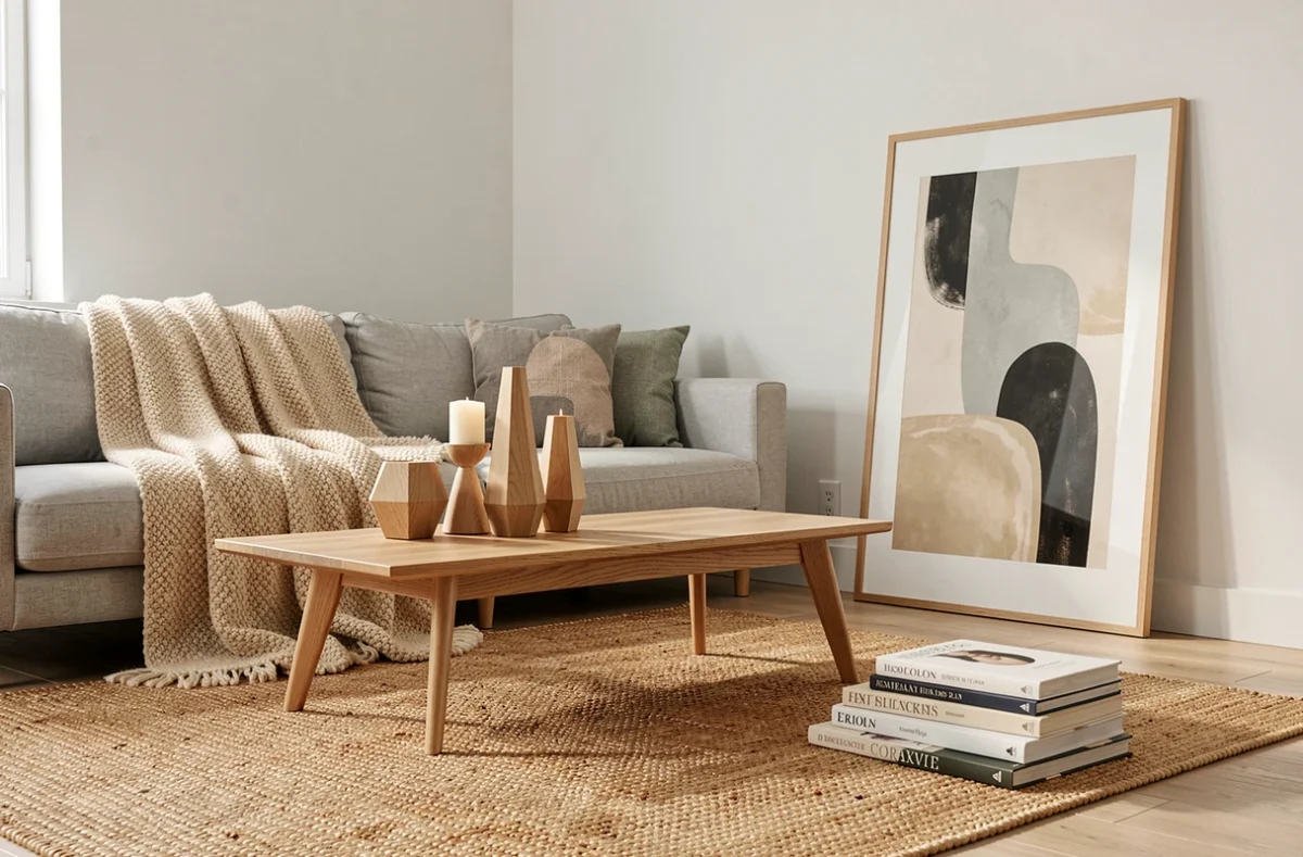 Salon contemporain au style scandinave décoré avec des accessoires soigneusement choisis comme un plaid en laine et des bougeoirs géométriques