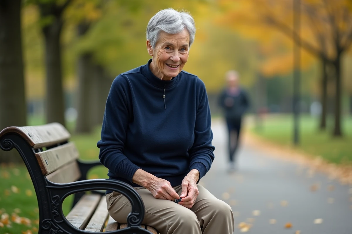 Femme senior en plein effort dans un parc automnal