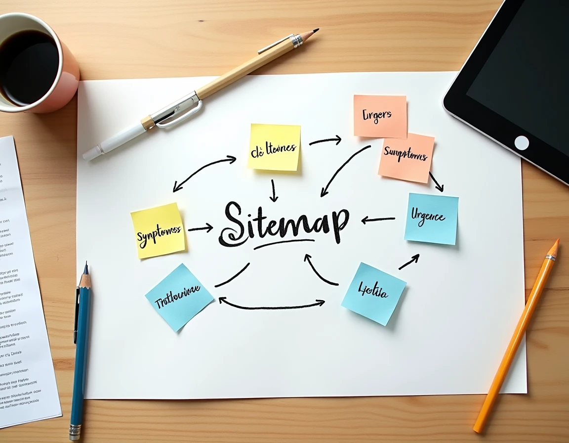 Vue aérienne d'un sitemap de site de santé dessiné à la main sur un bureau avec des notes autocollantes colorées
