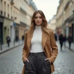 Femme élégante en blazer camel et pantalon large gris anthracite dans une rue pavée parisienne, tendance mode automne
