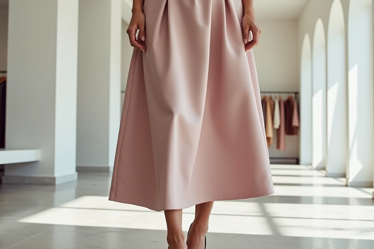 Femme élégante en tenue monochrome rose poudré dans une boutique de mode minimaliste, look sophistiqué et tendance