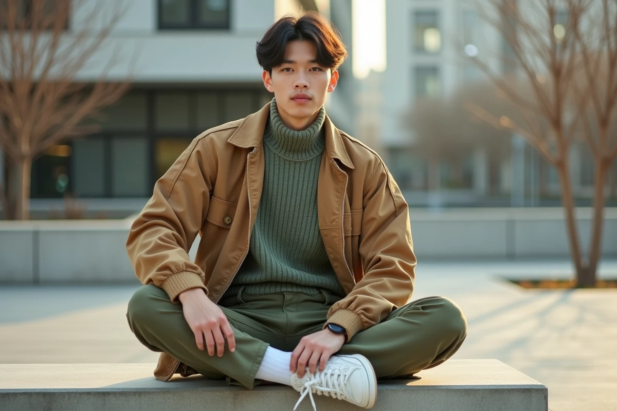 Jeune homme en tenue streetwear tendance avec veste cargo oversize et pull en maille sauge, assis dans un parc urbain contemporain