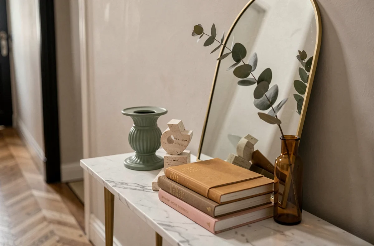Vignette décorative stylisée sur console en marbre avec bougeoir vert sauge, sculpture en travertin et miroir laiton arrondi dans une entrée parisienne